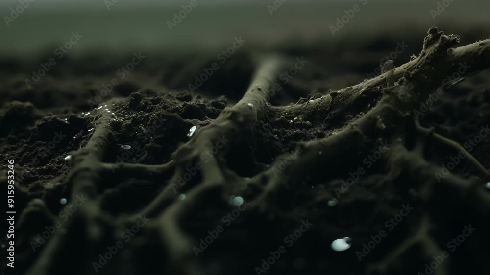 Poster in a dark and eerie closeup the camera reveals a web of thin grass roots snaking through damp soil a