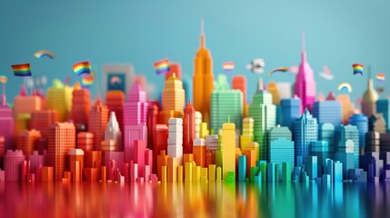 Vibrant Rainbow City Skyline with Pride Flags Celebrating Diversity and Unity