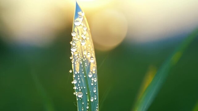Closeup of a single dewcovered blade of grass each droplet resembling a sparkling jewel in the early morning light.