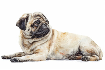 A watercolor illustration of a relaxed pug lying down.