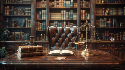 Fototapeta premium Design a law office, let it be the lawyer's office, put scales on the table for justice.generative ai