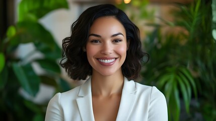 Close-up of a professional woman in business casual, engaging smile, indoor plant backdrop, soft focus