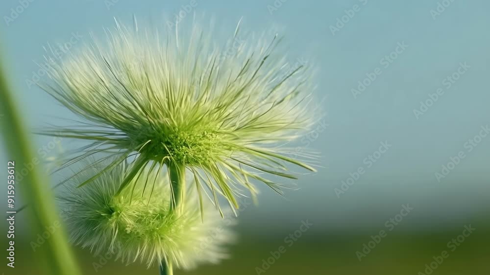 Poster the camera swoops in on a lone grass flower revealing its fuzzy limegreen stem and small white petal
