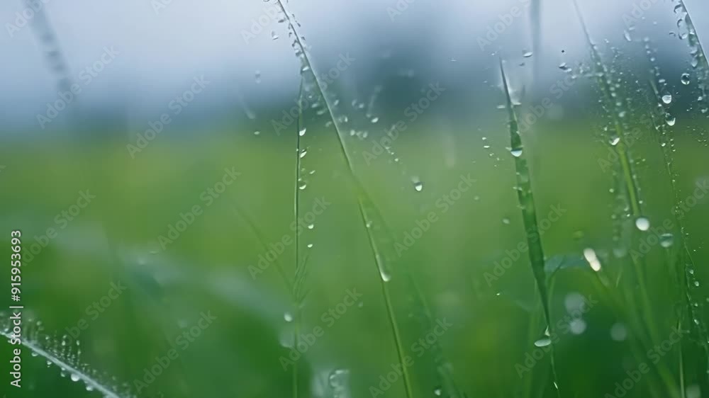 Poster The camera slowly pans across a field of lush wet grass showcasing the intricate patterns of raindrops on each individual blade.