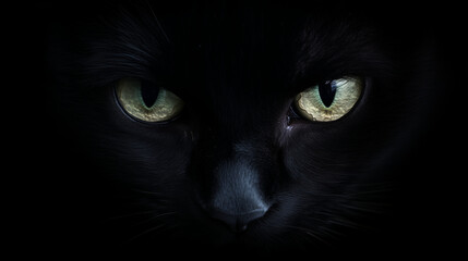 Close-Up of Black Cat's Intense Green Eyes in Dark, Mysterious Lighting