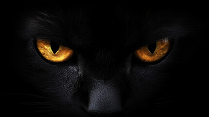 Close-Up of Black Cat's Fiery Orange Eyes in Dark, Intense Lighting