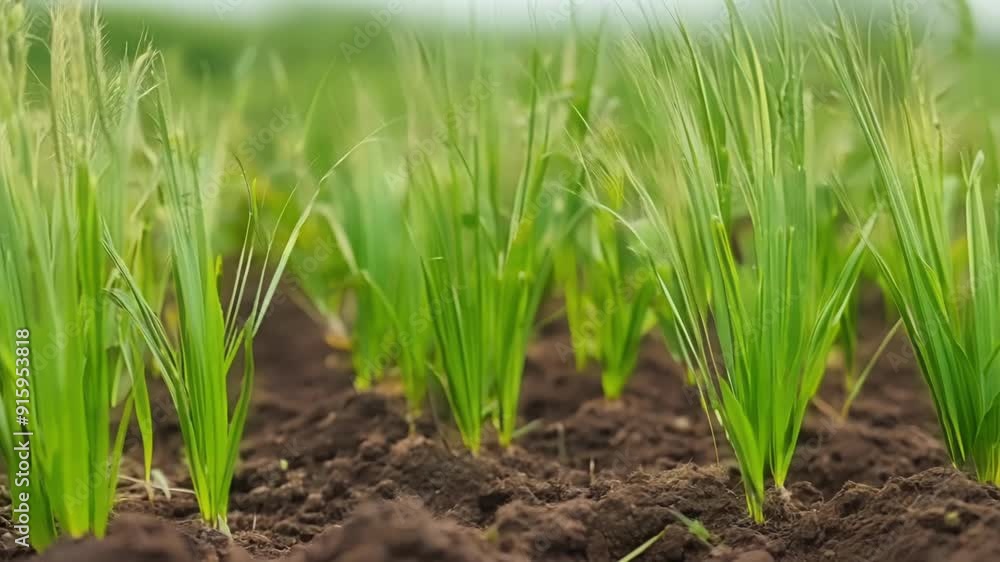 Poster A sideways tracking shot of a row of new grass shoots creating a mesmerizing pattern against the brown soil.