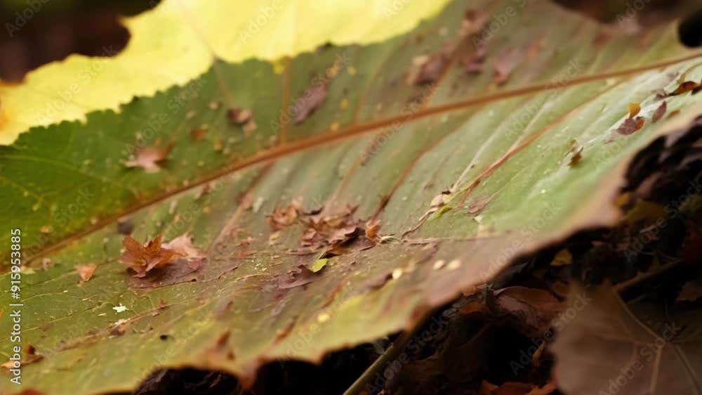 Poster a closeup of a partially decomposed leaf the vibrant colors fading into an array of earthy tones as 