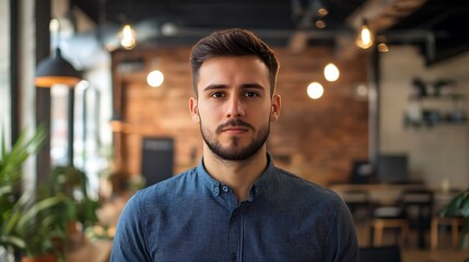 Fototapeta premium Portrait of a young male professional, stylish haircut, casual yet smart attire, modern co-working space background
