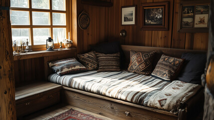 A cozy, rustic bedroom with patterned cushions on a wooden bed frame.