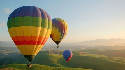 Fototapeta premium Majestic Rainbow-Colored Hot Air Balloons Drift Over Serene Landscape - Concept of Freedom and Adventure