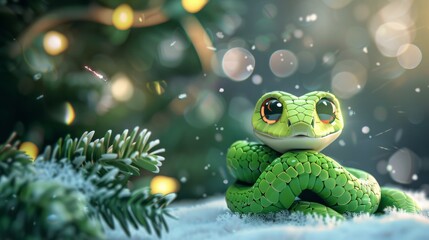 Green little snake is sitting by the Christmas tree, in the style of iconic pop culture caricatures, cute and dreamy