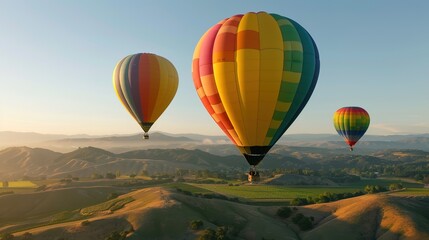 Obraz premium Up, Up, and Away: Rainbow-Colored Hot Air Balloons Soaring in Serene Skies