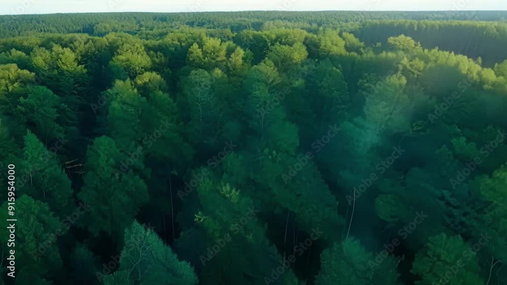 Poster aerial view of a forest canopy filled with leaves swaying in the wind resembling a sea of waving gre