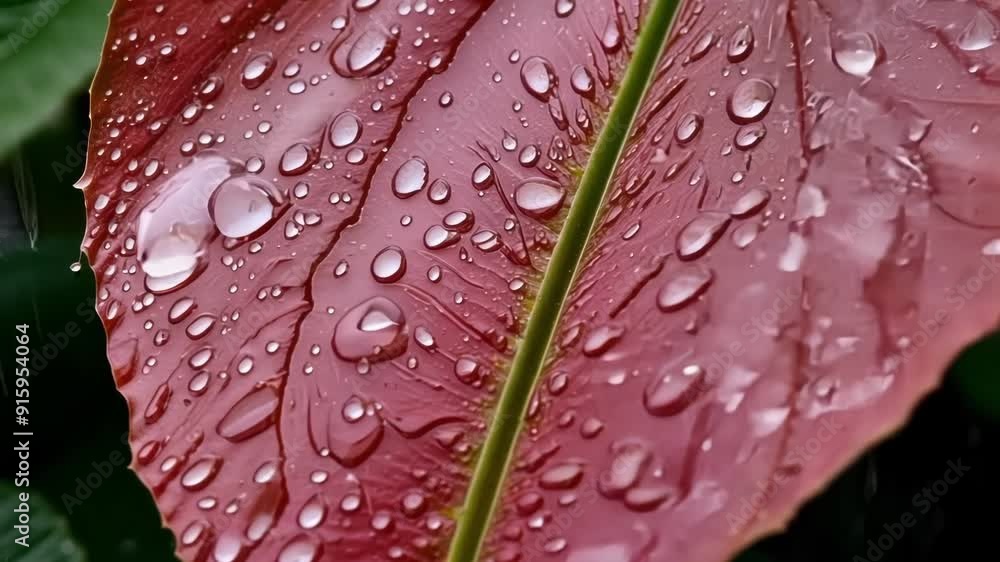 Poster Closeup of raindrops creating ripples on a bright red leaf highlighting the texture and pattern of the s beneath.