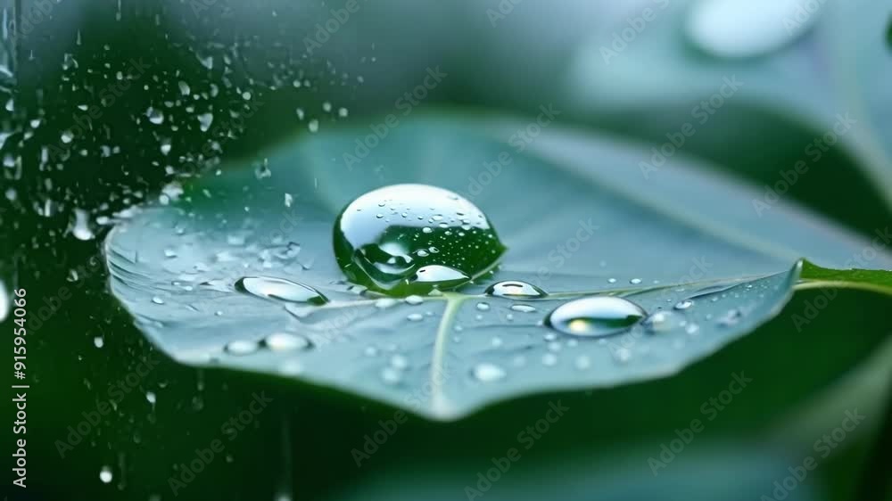 Poster Up close footage of a large leaf covered with a multitude of raindrops churning and dancing as the rain continues to fall.