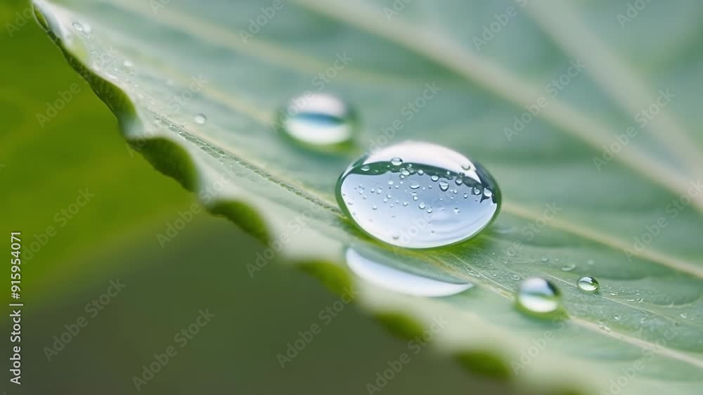 Poster Water droplets delicately balancing on the edge of a jagged leaf creating a harmonious image of natures balance.