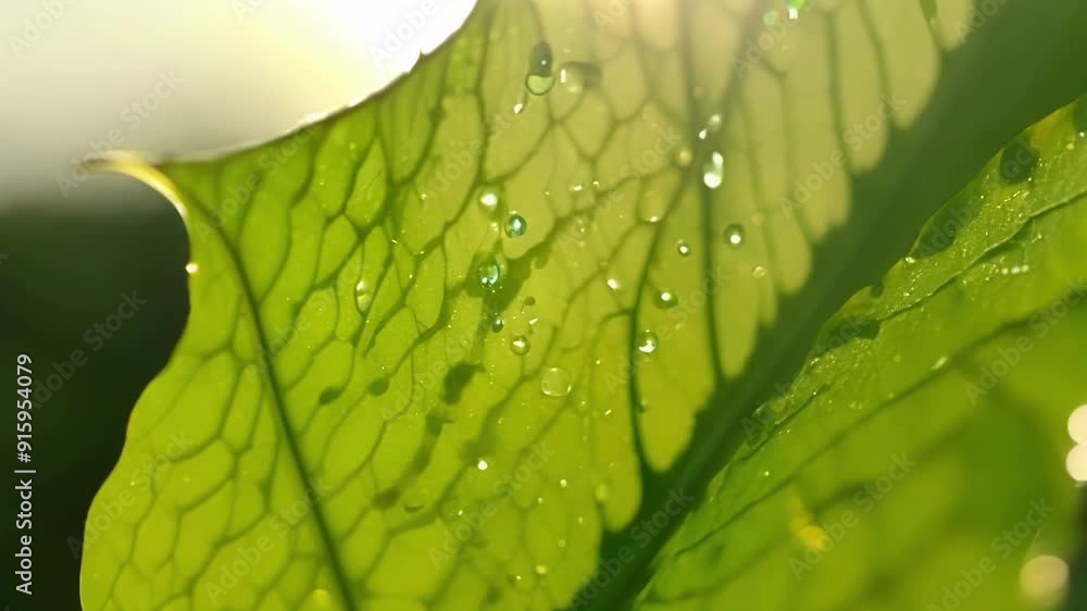 Poster A vibrant green leaf with a smooth and glossy surface reflecting the sunlight and creating a mesmerizing texture.