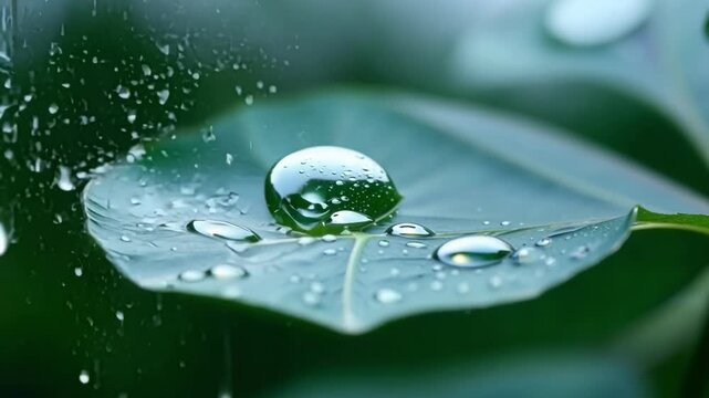 Up close footage of a large leaf covered with a multitude of raindrops churning and dancing as the rain continues to fall.