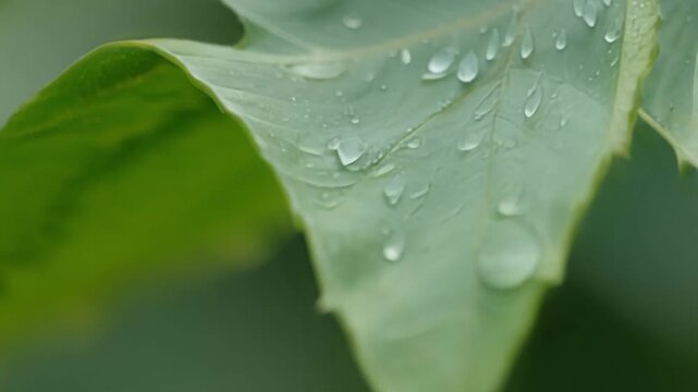 A shot of raindrops clinging to a leafs serrated edges creating a beautiful pattern against the deep green color.