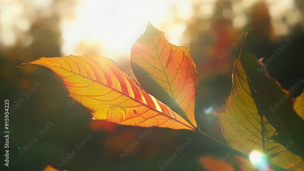 Poster upclose shot of a tree branch covered in leaves each one showcasing a unique blend of red orange and
