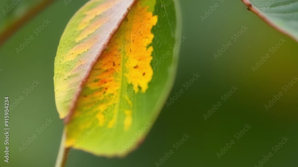 Poster macro shot of a small leaf still holding onto hints of green but also revealing the first signs of y