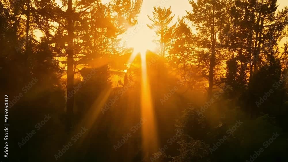Poster The sun setting behind a forest of trees casting a warm amber glow on the leaves and creating a peaceful and serene scene.