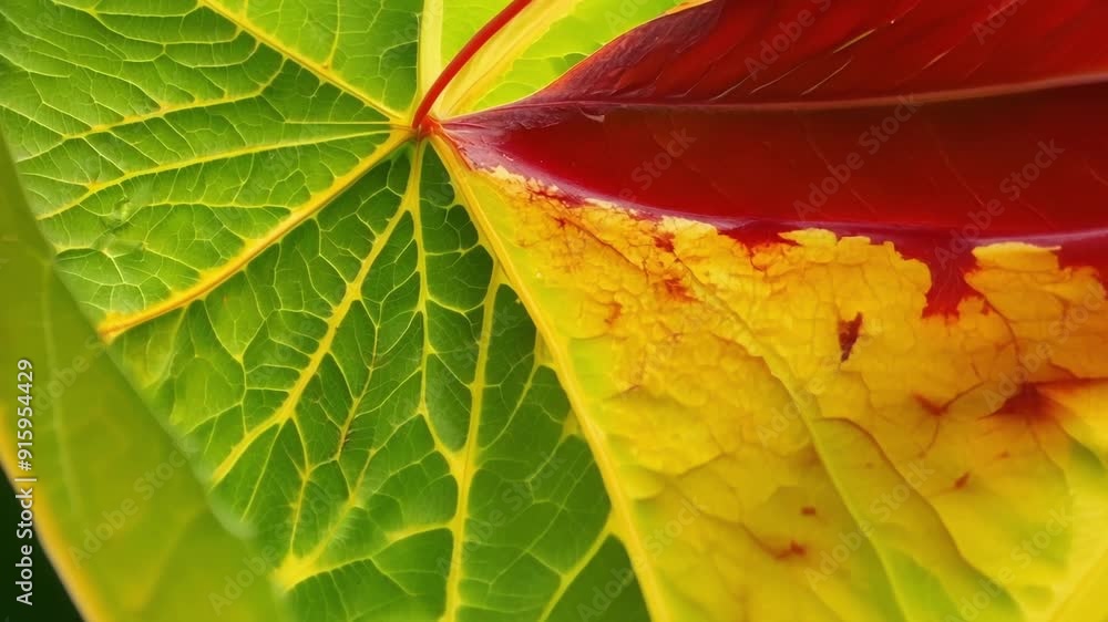 Poster Complementary colors come into play as we zoom in on the razorsharp edges of a bright green leaf creating a vivid contrast between the yellow s and deep red tips.