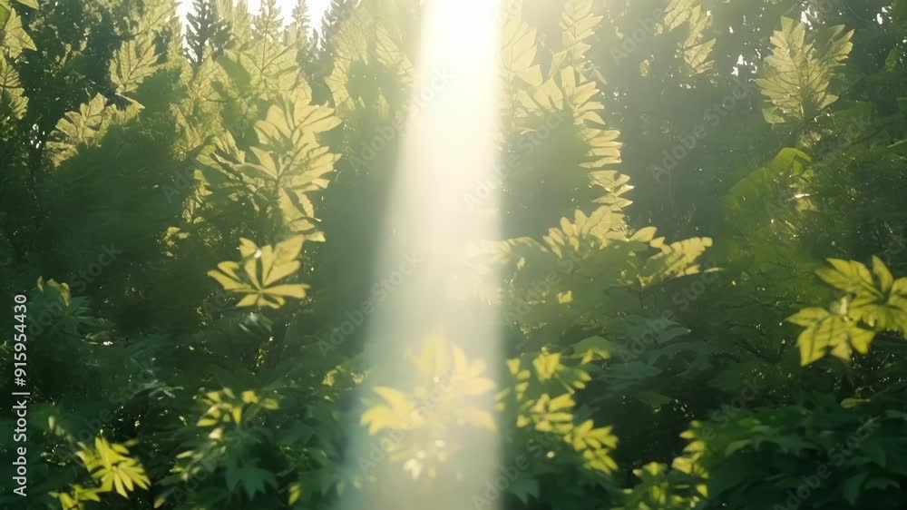 Poster A wisp of sunlight filtering through a dense canopy of leaves creating a soft and dreamy effect.