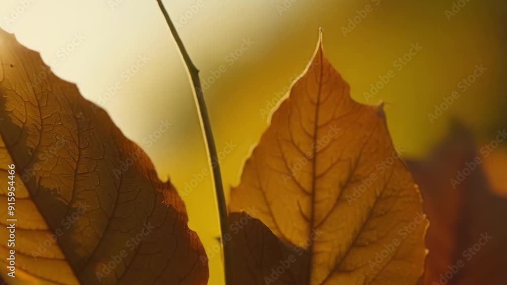 Poster Examining a fallen autumn leaf the camera follows the delicate curve of each edge revealing tiny peaks and valleys that add texture to the overall image.
