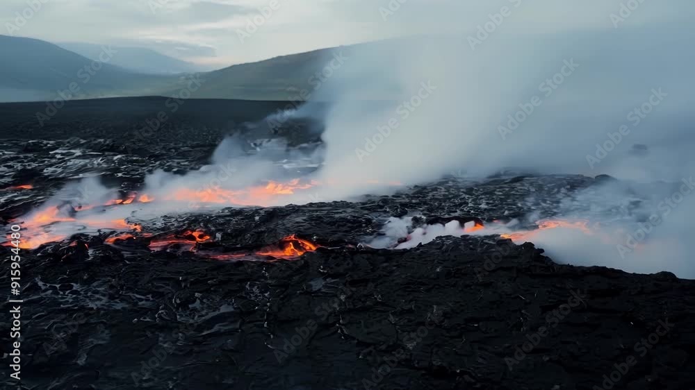 Poster Steam rising from lava as it cools and solidifies creating a stark contrast of heat and cold.