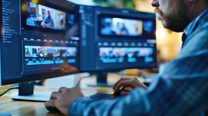 Creative Content Creator Editing Promotional Video for Video Marketing on Computer