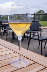 A Glass of Viognier White Wine on the Patio of a Winery Restaurant on a Summer Day