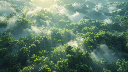 Fototapeta premium A scene shot from a bird's eye view shows a dense forest, with trees towering into the clouds and sunlight shining through the leaves,generative ai