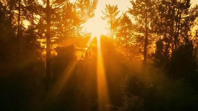 The sun setting behind a forest of trees casting a warm amber glow on the leaves and creating a peaceful and serene scene.