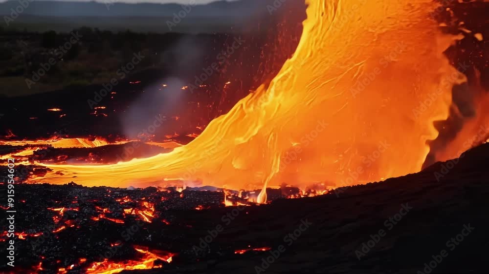 Poster A burst of lava shooting out from a fissure resembling a fiery tongue lashing out from the depths of the Earth.