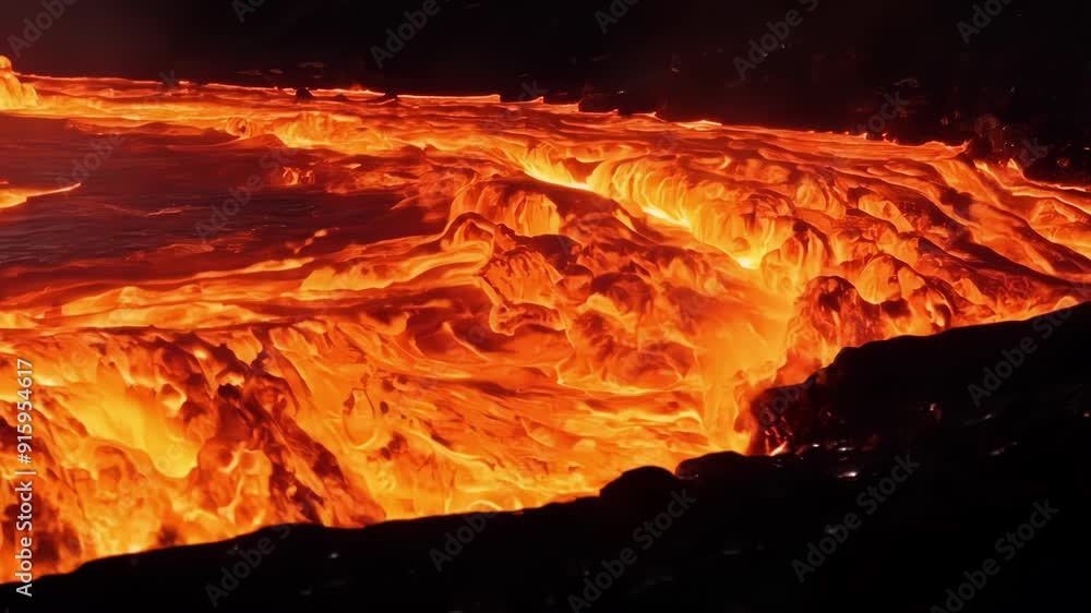 Poster a closeup of bright red lava oozing and flowing in a molten river creating a hypnotic and otherworld