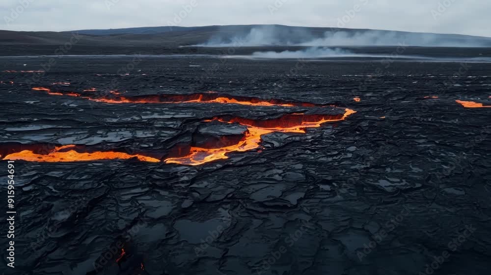 Poster deep cracks and crevices appear on the surface as the molten lava cools revealing the intense heat t