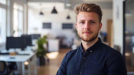 Obraz premium Young architect with a modern haircut, standing in a well-designed office space, casual yet professional