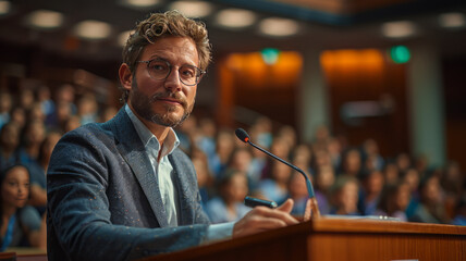 Obraz premium a dynamic speaker at a podium, engaging with a diverse audience in a lecture hall,generative ai