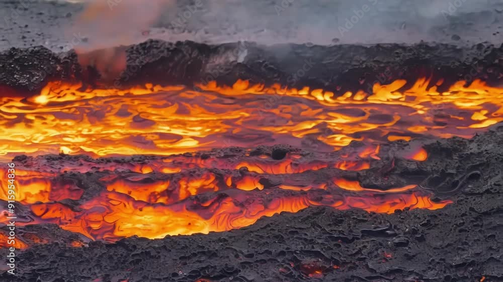 Poster vibrant orange and crimson bubbles form and pop on the surface of the molten lava like a neverending