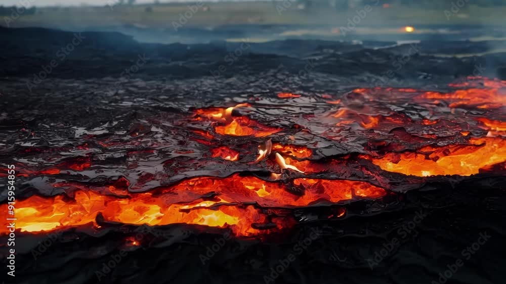 Poster a closeup of a redhot lava flow shows the crust forming at the very edge with small flames still fli