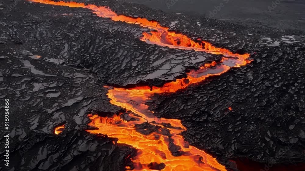 Poster in a burst of activity the crust on a lava flow starts to crack and shift revealing shades of glowin