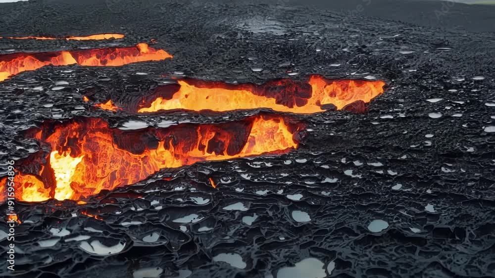 Poster As the lava continues to pour the crust thickens and stretches creating deep crevices and patterns on its surface captured in detail by a closeup shot.