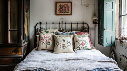 A vintage-inspired bedroom with embroidered cushions on an antique bed.