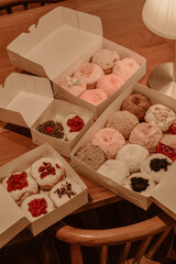 a treat of sweet delicious doughnut in sunny day at the cake shop