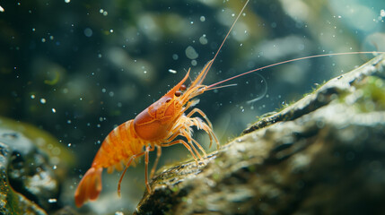 A vibrant orange shrimp exploring a rocky underwater environment.
