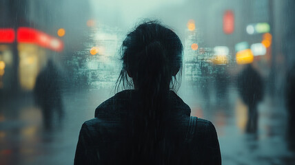 a glitch in matrix happens in a modern city in Poland, leaving a young woman disoriented,generative ai