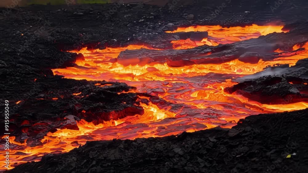 Poster From ground level the camera captures the intense heat emanating from the fiery lava as deep crevices appear and widen along its surface.