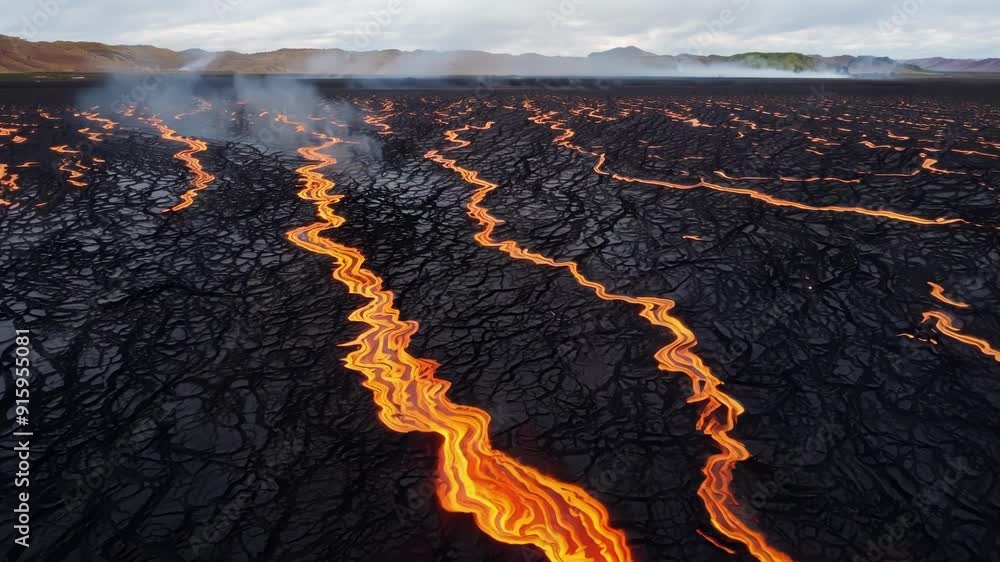 Poster In a wide shot the camera captures a sprawling lava field with countless cracks forming and spreading like a spiderweb showcasing the incredible forces at work beneath the Earths